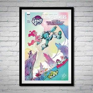 May include: A comic book cover featuring My Little Pony characters and Transformers. The cover is pink, blue, and green with a white background. The title of the comic is "My Little Pony Transformers: The Magic of Cybertron".
