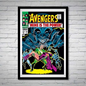 May include: A vintage comic book cover featuring The Avengers. The cover art depicts a menacing purple and blue figure with glowing eyes, holding a woman in a purple and green costume. The text on the cover reads "The Avengers" and "Mine is the Power!"