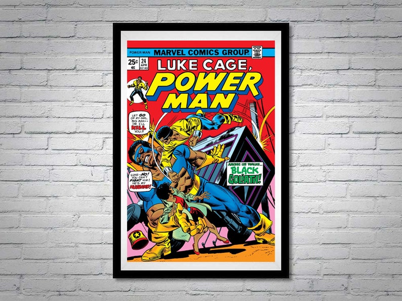 May include: A vintage comic book cover featuring Luke Cage, Power Man. The cover is red, yellow, and blue with a black and white illustration of Luke Cage fighting a group of men. The text on the cover reads "Luke Cage, Power Man" and "Black Goliath!"