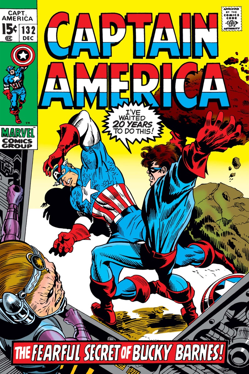Puede incluir: Portada de c&oacute;mic con Captain America en su traje rojo, blanco y azul luchando contra un hombre con un traje rojo y azul. El texto de la portada dice "Captain America" y "&iexcl;El Temible Secreto de Bucky Barnes!"