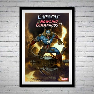 May include: A comic book cover featuring a werewolf version of Captain America in a red, white, and blue costume, standing on a destroyed tank. The title of the comic is "Capwolf and the Howling Commandos #1".