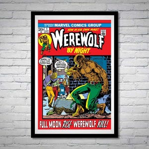 May include: A framed comic book cover featuring the title "Werewolf by Night." The artwork depicts a werewolf in green pants and a brown torso, attacking a figure. The cover is framed in black and set against a white brick wall.