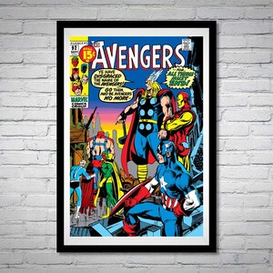 May include: Framed vintage comic book cover of The Avengers. The cover features several superheroes, including Thor, Iron Man, and Captain America. The title "Avengers" is prominently displayed in large, bold letters. The comic book is framed in a black frame.