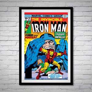 May include: A vintage comic book cover featuring Iron Man in a red and gold suit battling a blue and gray villain. The cover text reads "The Invincible Iron Man" and "Power Versus Power!" with a tagline "Crushed by the Controller!"