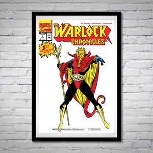 May include: A comic book cover featuring a superhero with a golden helmet and cape, holding a staff. The cover is titled "The Warlock Chronicles" and is part of an "Infinity Crusade" crossover. The comic book is issue number 3.