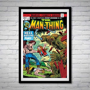 May include: Comic book cover art for "The Man-Thing" featuring a swamp creature attacking people. The cover has the text "MARVEL COMICS GROUP" and "HELL HATH NO FURY!". The artwork is framed in black.