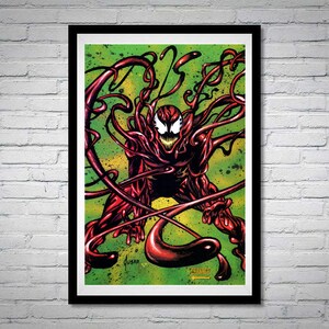 May include: A red and black comic book character with sharp teeth and claws, surrounded by red tendrils, on a green and yellow background.