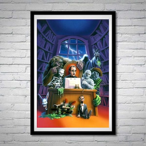 May include: A colorful illustration of a group of monsters gathered around a desk with a computer. The monsters include a werewolf, a skeleton, a mummy, a ghost, and a goblin. The illustration is set in a library with bookshelves in the background.