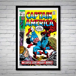 Puede incluir: Una portada de c&oacute;mic vintage con Captain America en un traje rojo, blanco y azul luchando contra un villano. La portada se titula "Captain America" y el n&uacute;mero del n&uacute;mero es 132. El texto en la portada dice "&iexcl;He esperado 20 a&ntilde;os para hacer esto!" y "&iexcl;El terrible secreto de Bucky Barnes!"