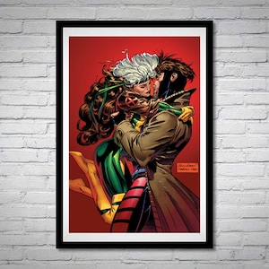 Rogue and Gambit Embrace Kiss Comic Book Poster