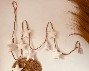 Bouclé-Sternengirlande mit LED-Beleuchtung, 3 Meter | Handgefertigte Sternengirlande | Kinderzimmerdekoration | Boho-Wanddeko | Kinderzimmer