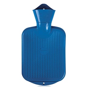 May include: Blue rubber hot water bottle with a ribbed texture and a white label that says "Sanger".
