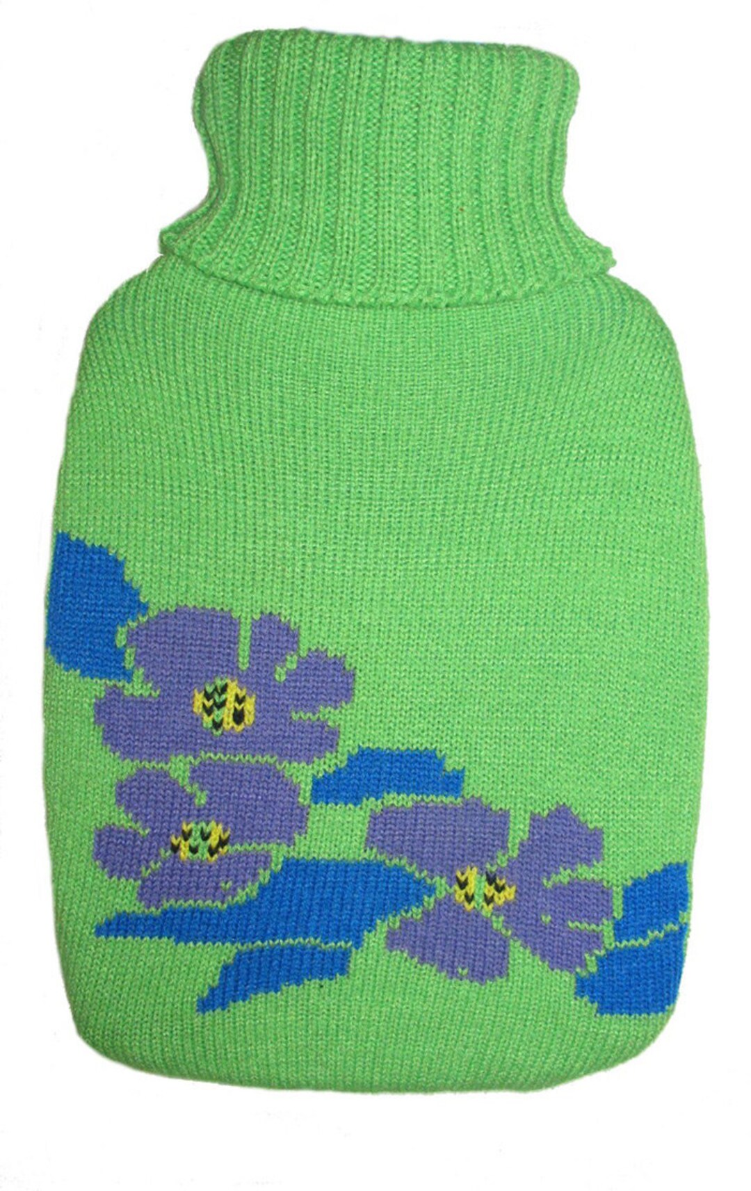 温かみのある伝統のすみれ色の花柄ニットカバー付き湯たんぽ - ドイツ