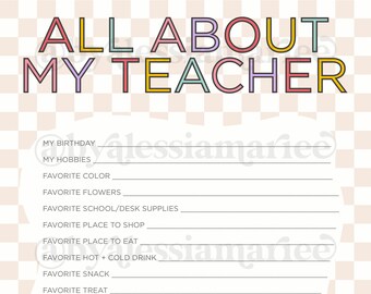 All About My Teacher First Day of School *DIGITAL* Printable | Instant Digital Download