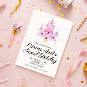 Invitación de cumpleaños con temática de castillo de princesa: color rosa (plantilla editable para hacer tú mismo)
