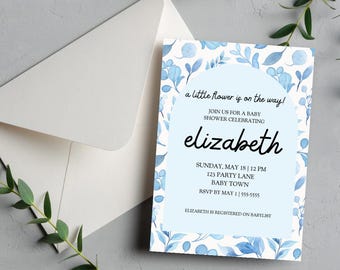 Floral Baby Shower Invitation: Blue Flower, Editable Template (DIY Digital Download)