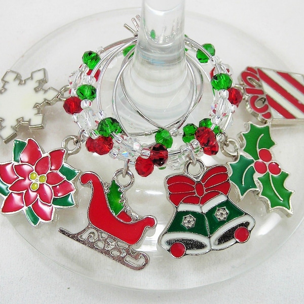 Set of 6 "Merry Christmas" Wine Charms - Handmade Swarovski Crystal - Wedding - Birthday - Holiday - Party - Christmas Black Friday Etsy