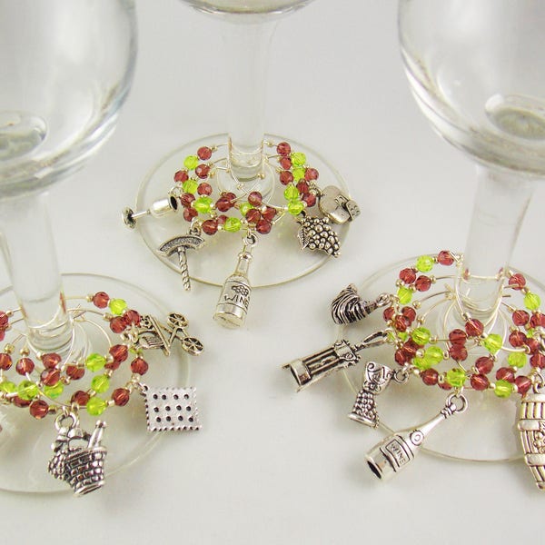 Vineyard inspired wine glass charms set of 6//Your Choice// charms handmade //Napa County//Summer Time//Martha's Vineyard//Green and Purple