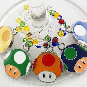 Super Mario Bros. Mushrooms Inspired Set of 5 Handmade Wine Glass Charms Swarovski Crystal His and Hers - Wedding
