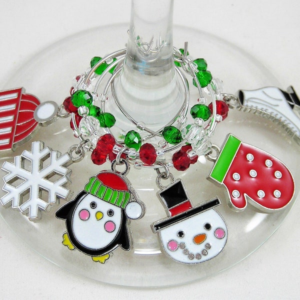 Set of 6 "Winter Fun" Wine Charms - Handmade Swarovski Crystal - Wedding - Birthday - Holiday - Party - Christmas Black Friday Etsy