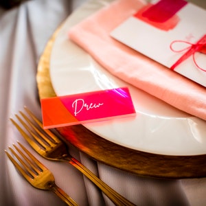 Personalised Fluorescent Pink Acrylic Wedding Place Setting - Wedding Place Card - Wedding Favour
