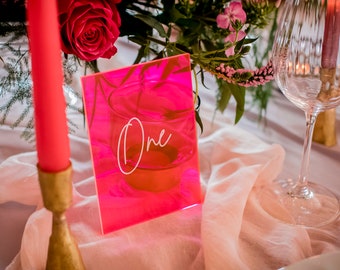 Fluorescent Pink Acrylic Wedding Table Markers - Wedding Table Numbers - Wedding Decor