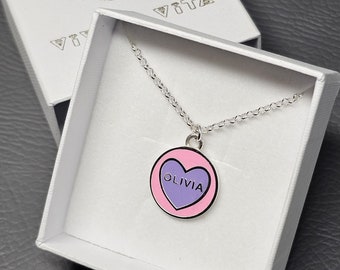 Bespoke custom made Sterling Silver Candy Coin pendant and necklace in giftbox. Choose your name/word choose your colour.