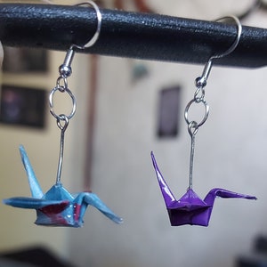 Origami crane earrings coated with epoxy resin