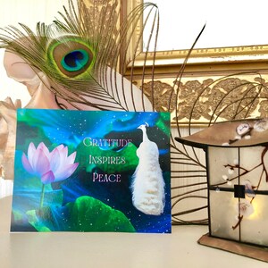 La gratitud inspira paz, inspira birdies del paraíso, postales para Ucrania, afirmación positiva, pavo real blanco, donación de ayuda directa