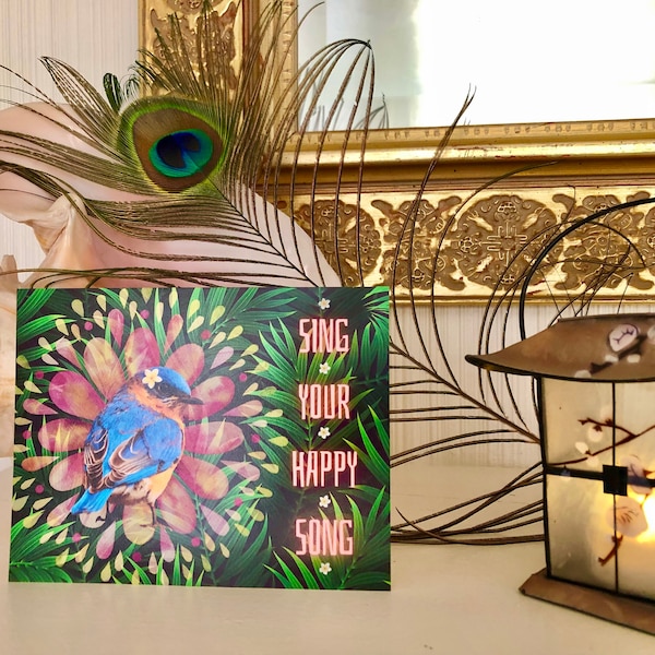 Sing Your Happy Song, Inspire Paradise Birdies, Postcards for Ukraine, Positive Affirmation, Blue Bird of Happiness,Donation Direct Relief