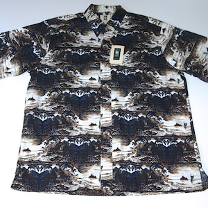 Vintage Kahala Island Scene Never Been Worn 100% Cotton Navy Tan Black White Men&#39;s Large Aloha Hawaiian Shirt K119