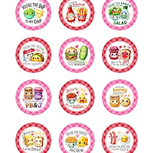May include: Twelve round stickers with pink and white checkered backgrounds. Each sticker features a different food pairing with a cute cartoon illustration and a Valentine's Day themed message. For example, one sticker says "You're the dip to my chip" and features a cartoon chip and dip.