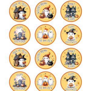 May include: Set of 12 round Halloween stickers featuring cute ghost illustrations with various Halloween-themed text, including "Trick or Treat", "Happy Hauntings", "Witches Brooo", "The Boo Crew", "Spooky Season", and "Happy Halloween".