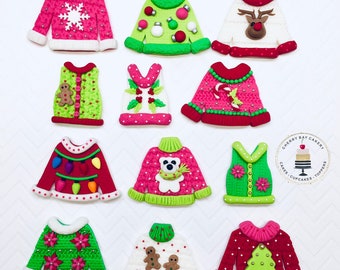 Ugly Christmas Sweater Cupcake Toppers, Fondant Christmas Sweaters, Ugly Sweater Party, Christmas Party Cupcake Decorations