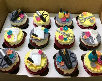 Fondant Hair Stylist Hair Dresser, Hair Salon Cupcake Toppers, Blow Dryer, Scissors, Brush, Nail Polish, curling Iron, Birthday, Edible