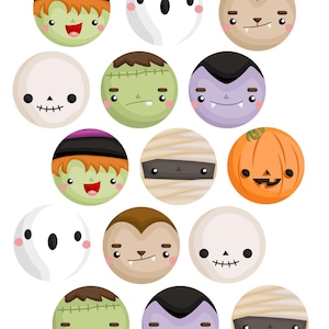 May include: A collection of Halloween-themed cartoon characters, including a witch, ghost, werewolf, Frankenstein's monster, vampire, mummy, and jack-o'-lantern. Each character is depicted as a round face with exaggerated features and bright colors, perfect for Halloween decorations.