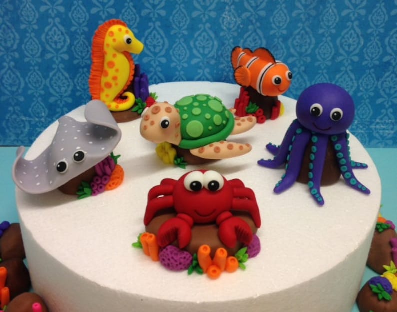 Fondant Sea Animals Cake Topper Set Ocean Animals Cake Etsy