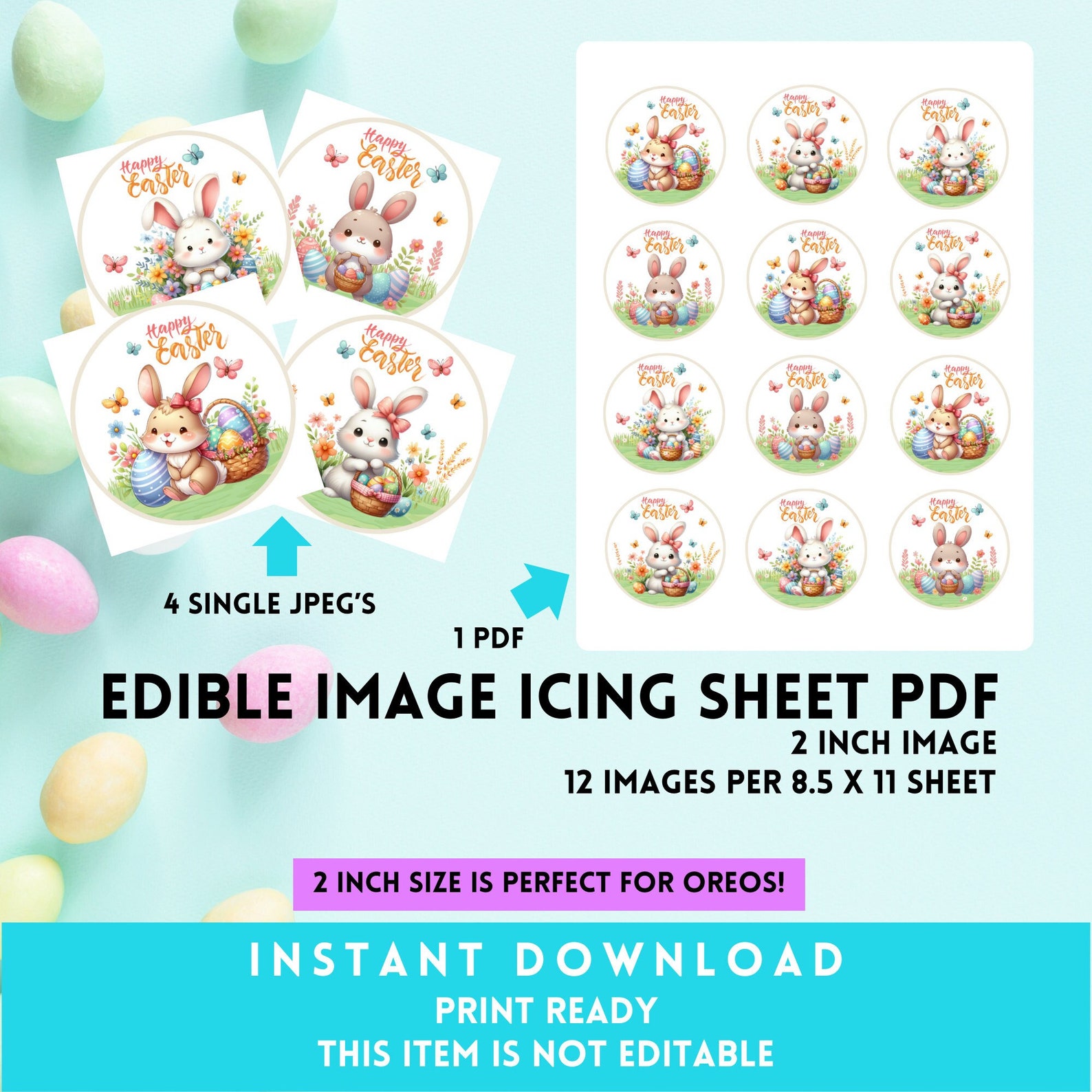 Cute Spring Easter Bunnies Edible Image DIY Printable | PDF | JPEG ...