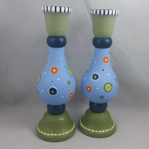 Whimsical Hand Painted Wood Candleholders