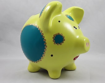 Bright Chartreuse Hand Painted Piggy Bank