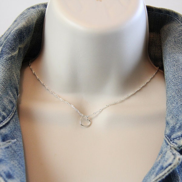 Sterling Silver Floating Heart Necklace, Heart Choker, Valentines Day Gift, Everyday Necklace