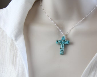 Turquoise Cross, Raw Turquoise, Christian Jewelry, Sterling Silver Cross, Best Seller, Christian Cross, Faith Gift