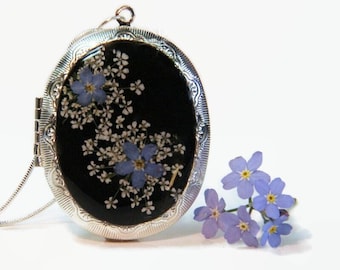 Pressed Flower Locket Necklace: Vintage Oval Photo Locket, Forget-Me-Nots