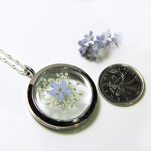 May include: A silver locket necklace with a clear glass insert containing a preserved blue flower. The locket is about the size of a Canadian quarter.
