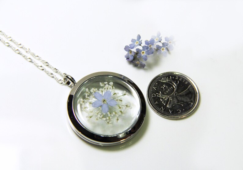 May include: A silver locket necklace with a clear glass insert containing a preserved blue flower. The locket is about the size of a Canadian quarter.
