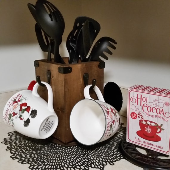 Rotating Coffee Mug Holder Rustic Utensil Holder Wood Farmhouse 4 Hook  Countertop Stand K Cup Storage Pod Storage Built-in Kitchen Canister 