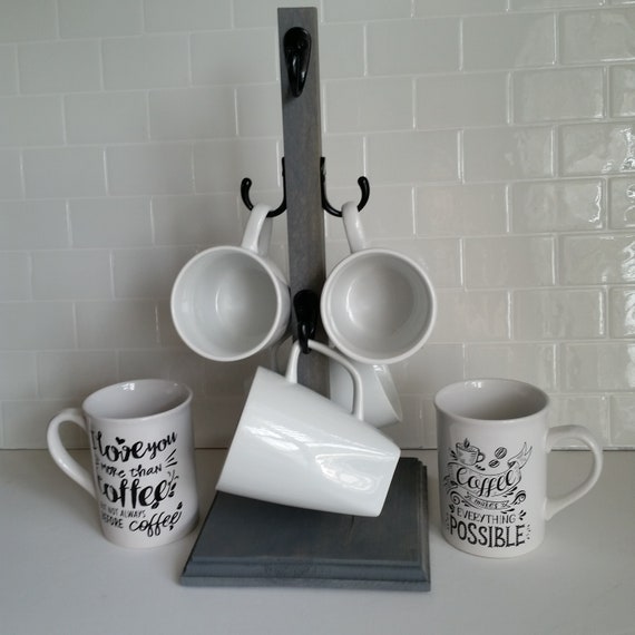 Gray Coffee Mug Cup Stand 6 Hooks for Hanging Mugs Cups Wood Rustic  Farmhouse Modern Beachy Mug Tree Weathered Stain 