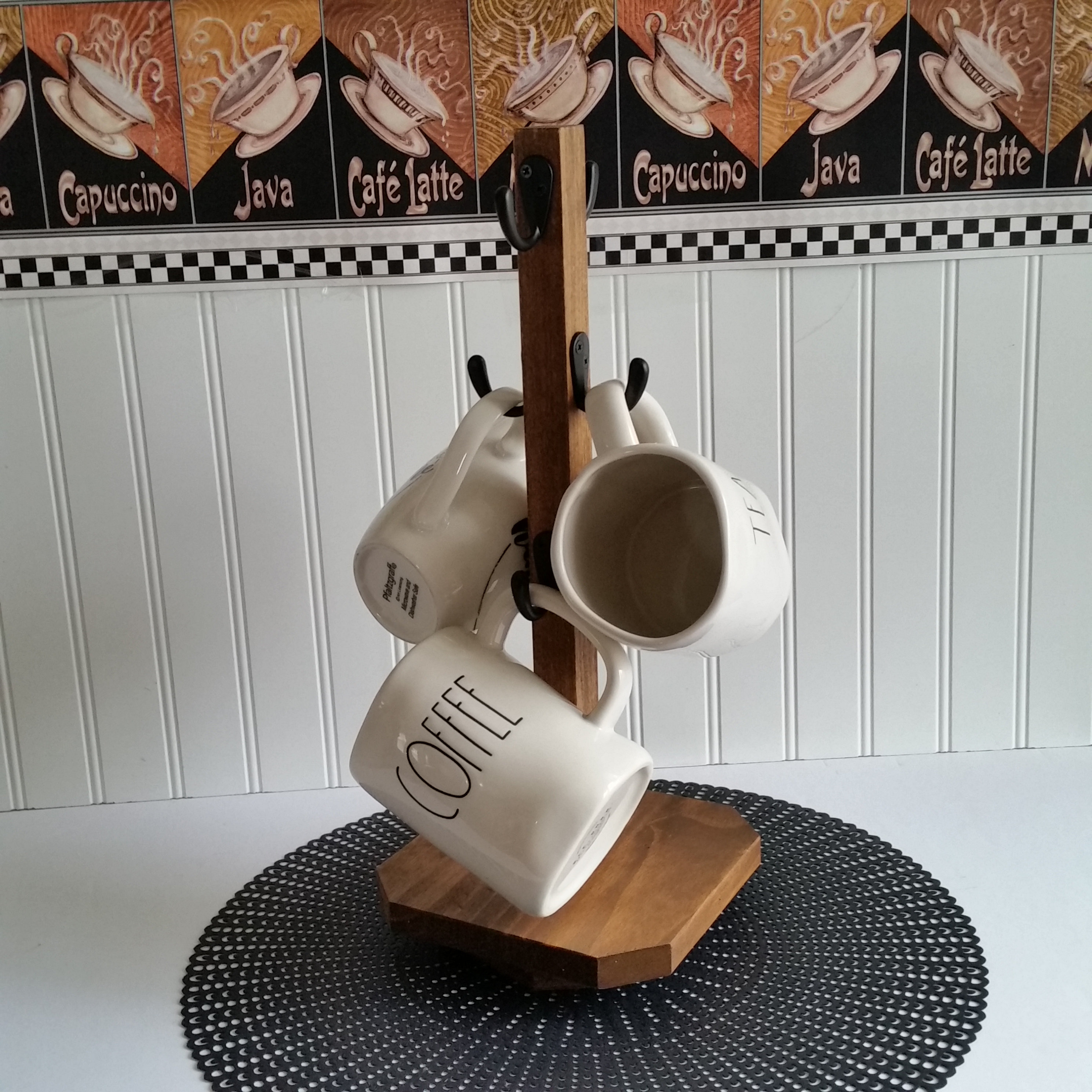 Rotating Mug Stand/ 6 Hook Coffee Cup Holder / Wood Rustic Etsy