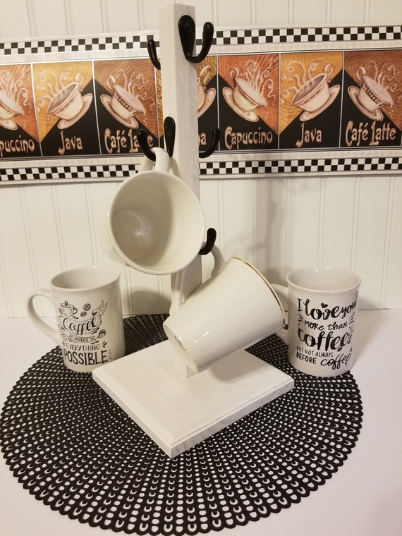 Rustic Mug Stand/coffee Mug Tree 6 Hook Farmhouse Coffee Bar Sturdy Stand  2-4-6 Cup Mug Stand . Black Gray Ivory Rustic or Walnut 