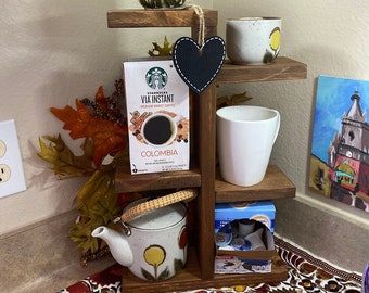 Rustic Mug Stand / Coffee cup holder. Wood plant stand succulents Coffee bar Farmhouse  6 shelves holds cups, mugs, photos, condiments, etc.